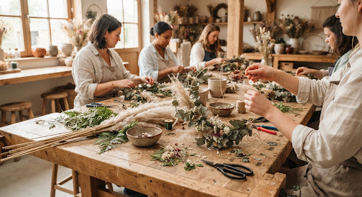 Illustratieve creatieve workshop met droogbloemen