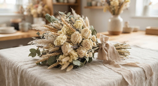 Illustratief arrangement met droogbloemen voor het interieur